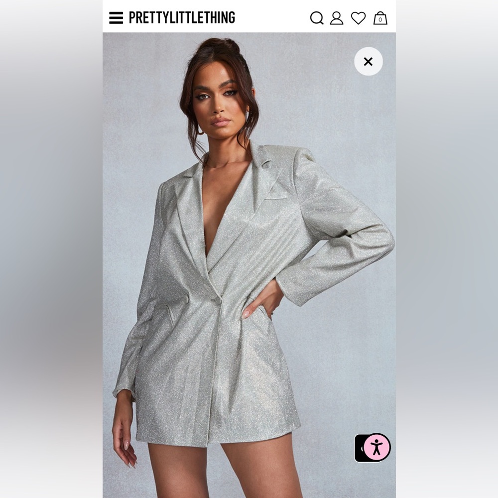 Silver Glitter Pocket Detail Oversized Blazer Dress